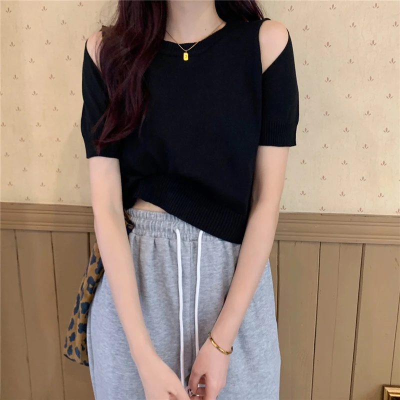 

Women Summer Casual Solid Color Knitted T-shirts Chic Hollow Out Dew Shoulder Short Sleeve Tee Tops Black/White Female Short Top