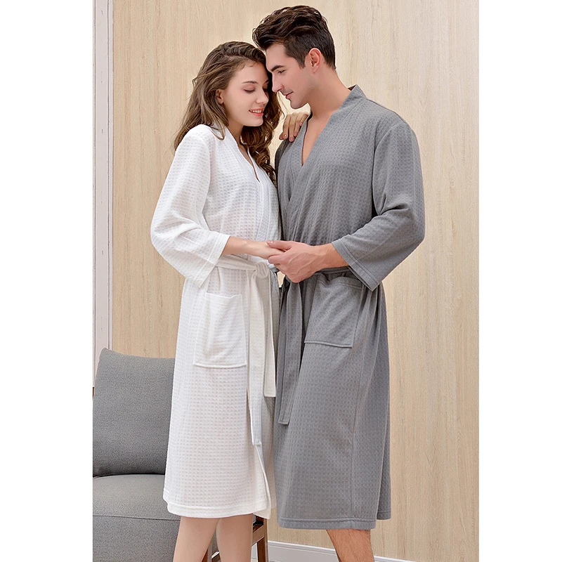 Waffle Couple Bathrobe Spring Women Dressing Gown Three Quarter Sleeve Cotton Kimono Solid Robe With Pockets Knee Length Robes