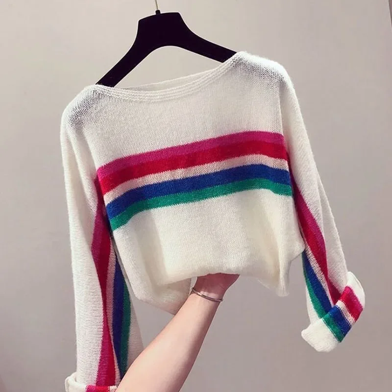 

Женские Модные свободные цветные полосатые вязаные пуловеры осень-зима женская одежда корейские универсальные тонкие свитера с длинным рукавом