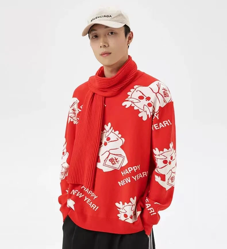 Китайский новогодний красный свитер Loong Element для мужчин и женщин модная свободная