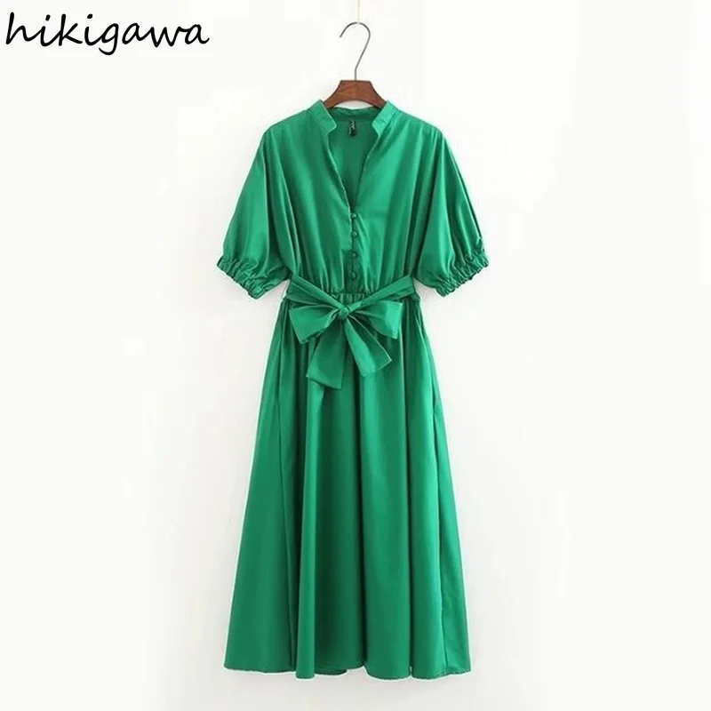 

Hikigawa Women Fashion New Green V Neck Short Sleeve Loose Dress Streetwear High Waist Button with Belt Dresses Chic Vestidos