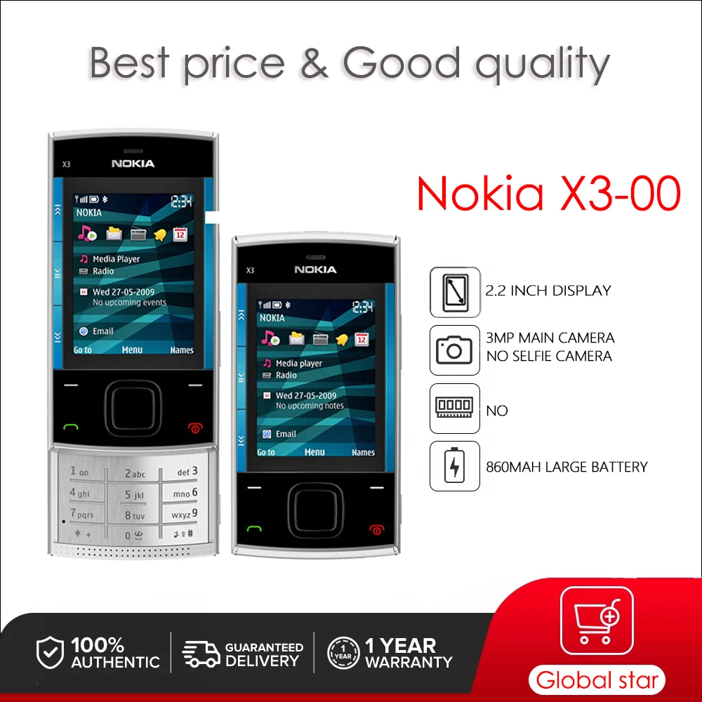 

Nokia X3-00 Original Unlocked 2.2 inch 3MP Removable Li-Ion 860 mAh battery 2G mobile phone