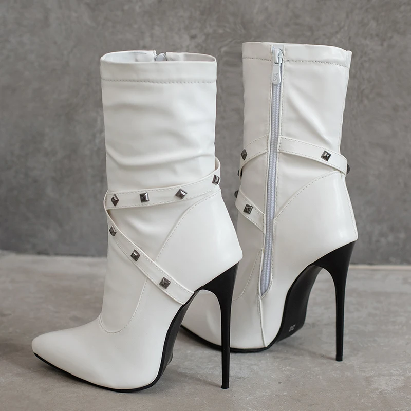 

Ботильоны для женщин, туфли-лодочки, женские современные ботинки с заклепками, модная офисная обувь на высоком каблуке с острым носком и плю...