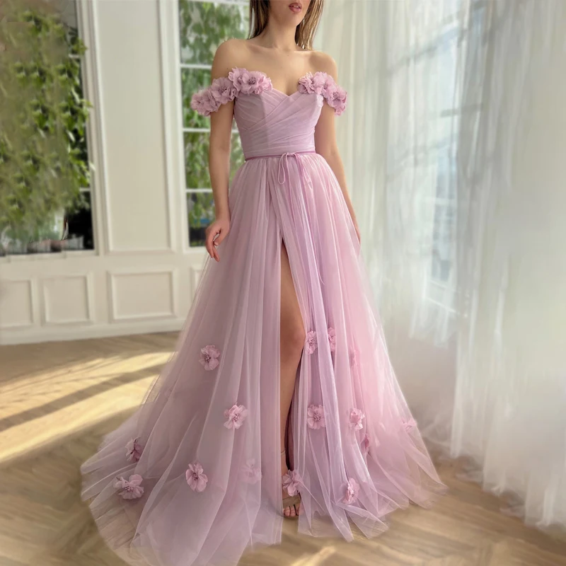 

Sweetheart Off The Shoulder Floral 3D Flowers Slit Pleats Purple Pink Tulle Lace Up Prom Gowns Evening Dress Vestidos Formatura