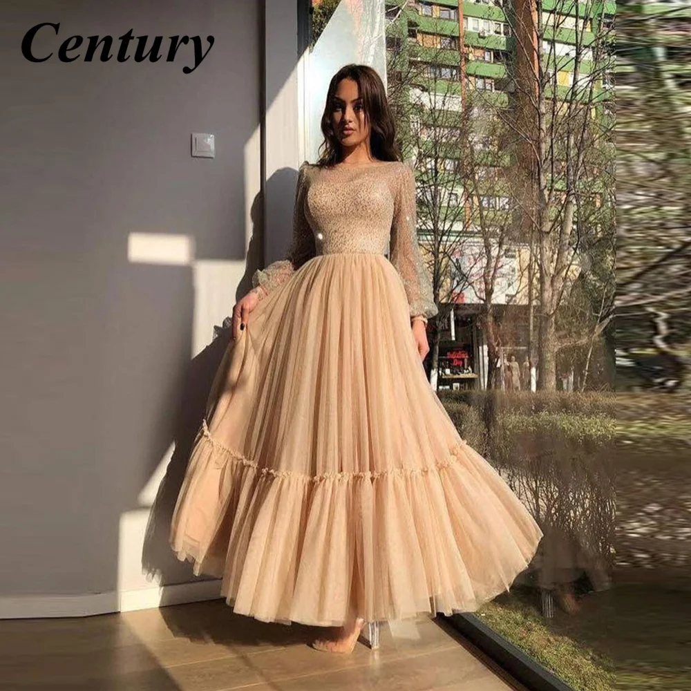 

Century Modest Champagne A Line Tulle Prom Dresses Sparkly Long Sleeves Sheer Scoop Neck Ankle Length Formal Evening Gowns