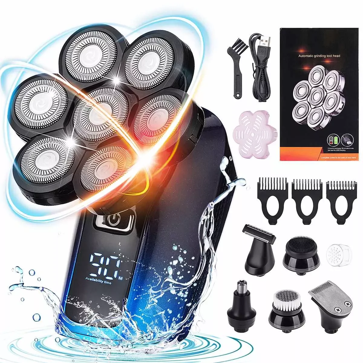 

Мужская Водонепроницаемая бритва, Вращающаяся бритва 5 в 1 со светодиодный ным дисплеем, триммер для сухой и влажной уборки, триммер для боро...