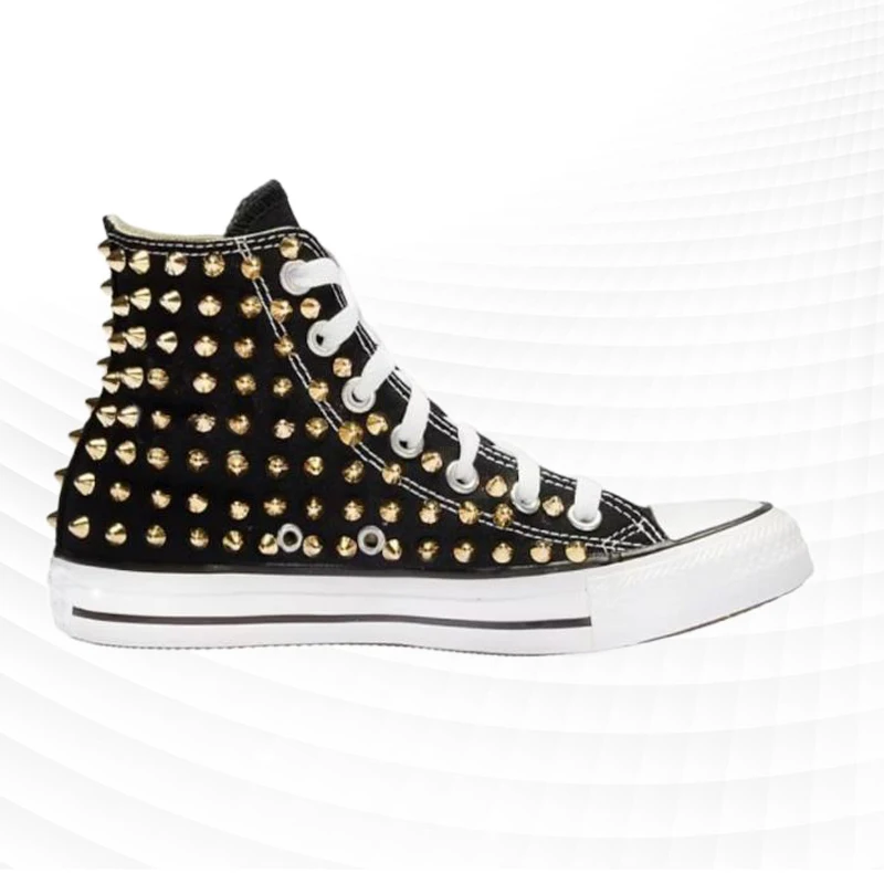 

Black high-top rivet canvas shoes street hip-hop walking comfortable handmade rivets neutral vulcanized shoes 35-46