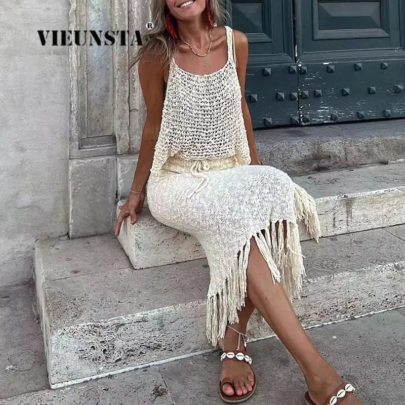 

2023 Women Sexy Hollow Out Bohemia Tassel Skirt Suit Casual Summer Fashion Knitted Top Skirt Two Piece Set Holiday Beach Outfits