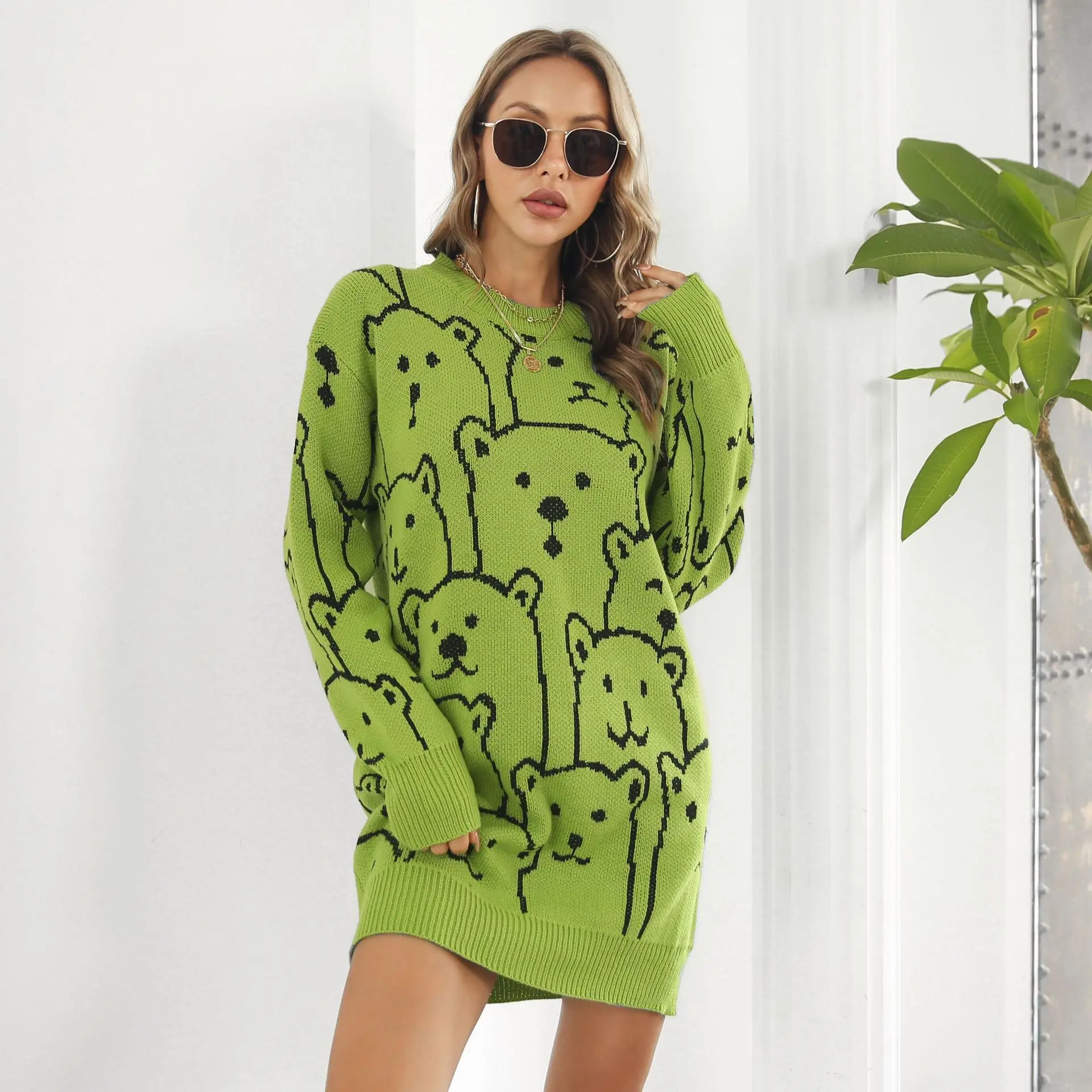 

Autumn Winter 2022 Long Sleeve Sweater Dress Green Cartoon Elegant Knitted Dress Women's Casual Loose Thickened Sweater Dress