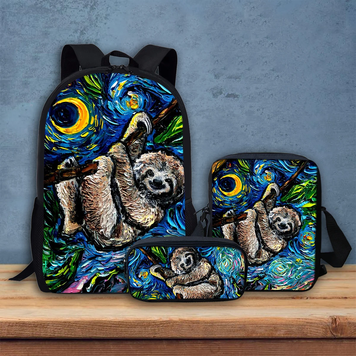 Lovely Sloth Crossbody Bag for Student Cute Animal Print Study Stationery Box DIY Design Teenages Durable Backpack 3Pcs/Set Gift