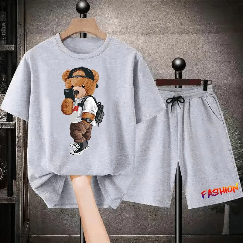 Summer Men Sets Tracksuit Shirt 2 Pieces Anime Harajuku Print Luxury Brand Y2K Male Tracksuits Cotton T Shirts Shorts Track Suit