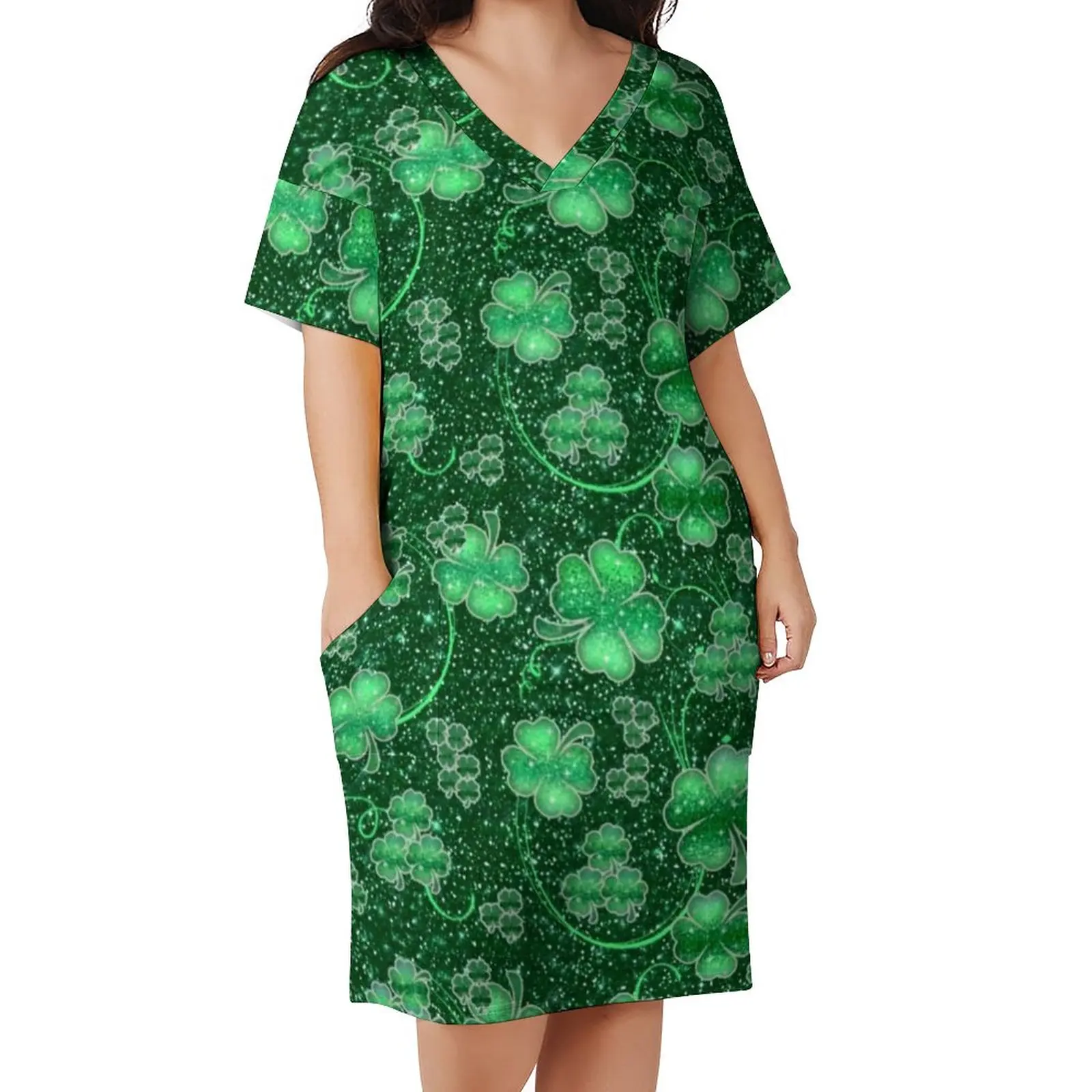 

Glittering Shamrocks Dress Plus Size Happy St Patricks Day Aesthetic Casual Dress Women Holiday V Neck Stylish Dresses Gift Idea
