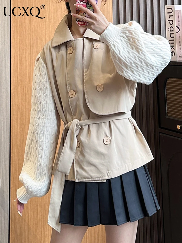 

UCXQ Women Korean Fashion Patchwork Cardigan Coat Long Sleeve Single Breasted Bandage Sweater Jacket 2023 Autumn Winter NeW Tide