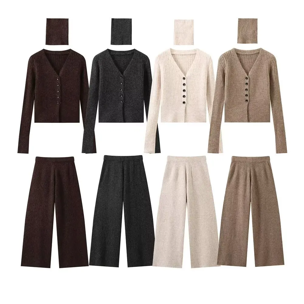 ZBZA Женский Высокоэластичный Вязаный Костюм Из Трех Предметов Кардиган С