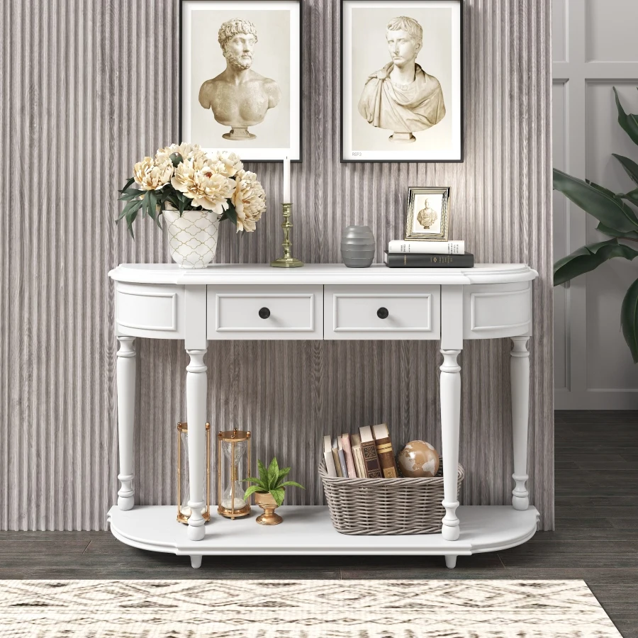 

Free Dropshipping Retro Circular Curved Design Console Table with Open Style Shelf Solid Wooden Frame and Legs Two Top Drawers