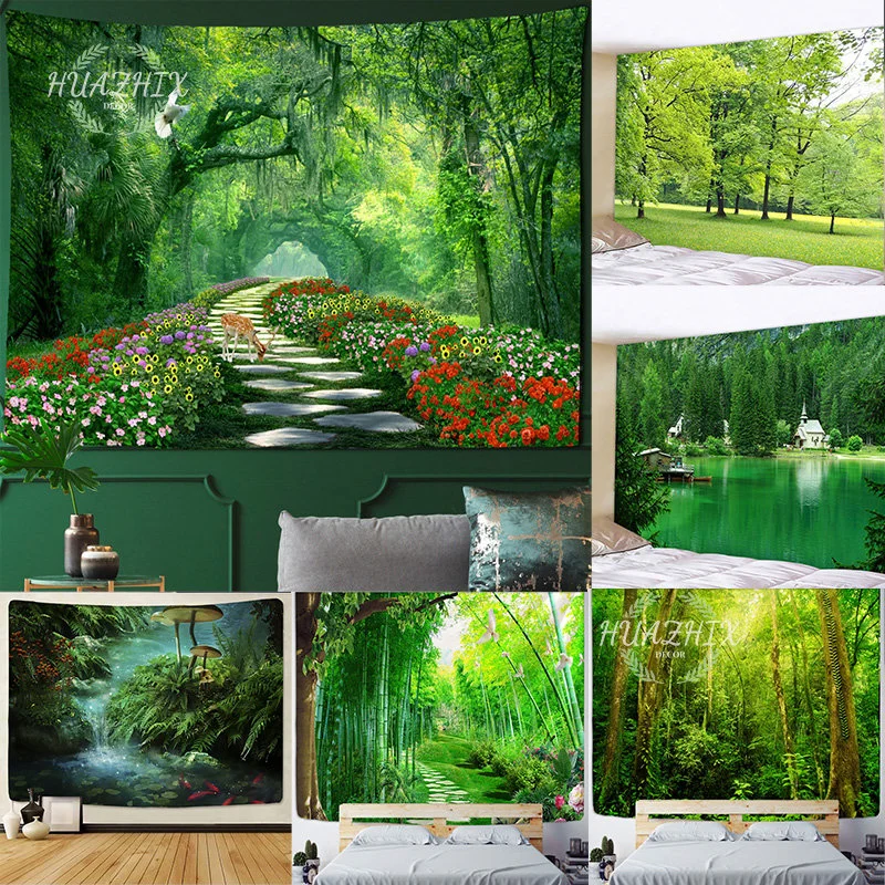

Green Bamboo Forest Nature Tapestry Aesthetic Art Design Wood Grain Forest Wall Hanging Living Room Decoration Home Tree Wall