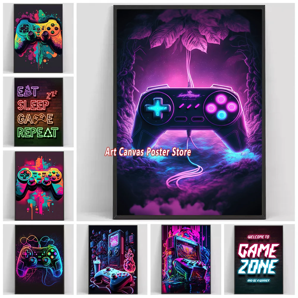 

Neon Effect Game Console Hand Controller Poster Print Colorful Canvas Drawing Abstract Wall Art Pictures Esports Room Home Decor