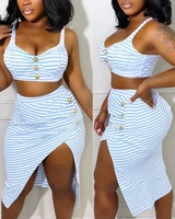 2022 summer woman polyester chic v neck striped thick strap print crop top sexy button high slit skirt set