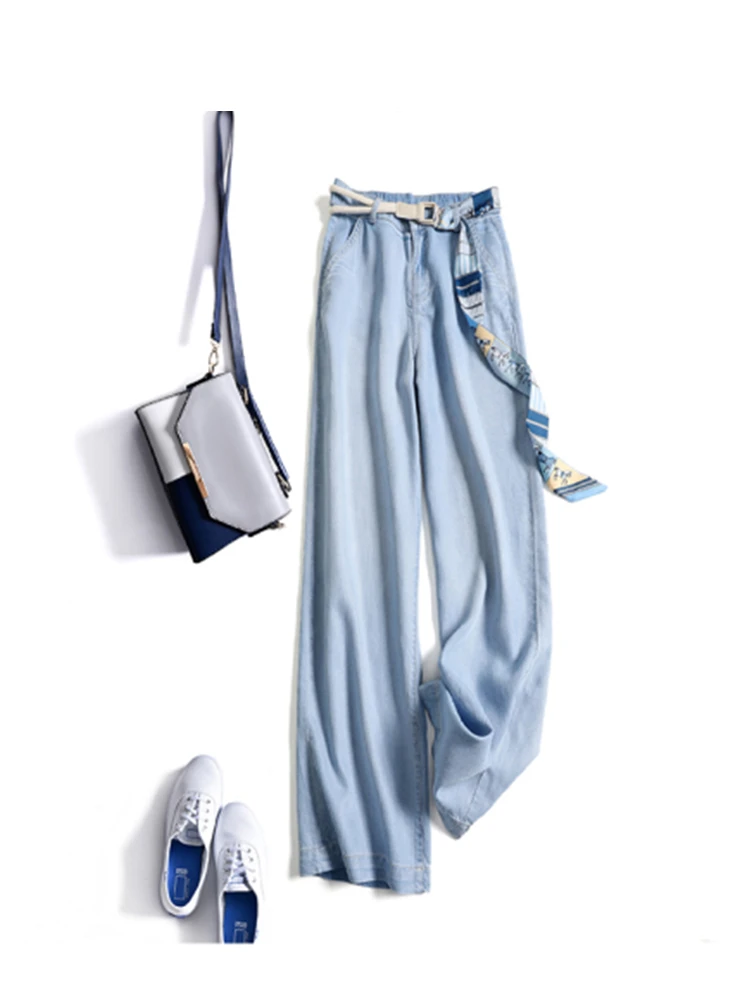 

Tencel Light Blue Jeans Women's Summer New Thin Section High Waist Drape Ice Silk Trousers Straight Casual Wide Leg Pants Female