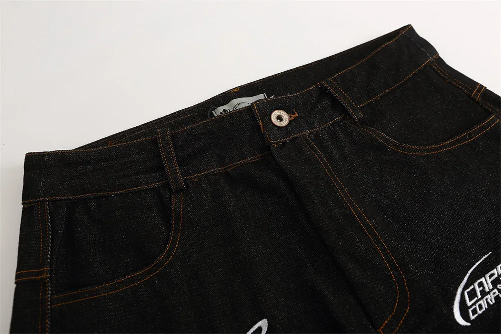Letter Embroidery Baggy Denim Jeans Men High Street Tide Brand Loose Straight Pants Black Biker Casual Trousers Homme Pantalones