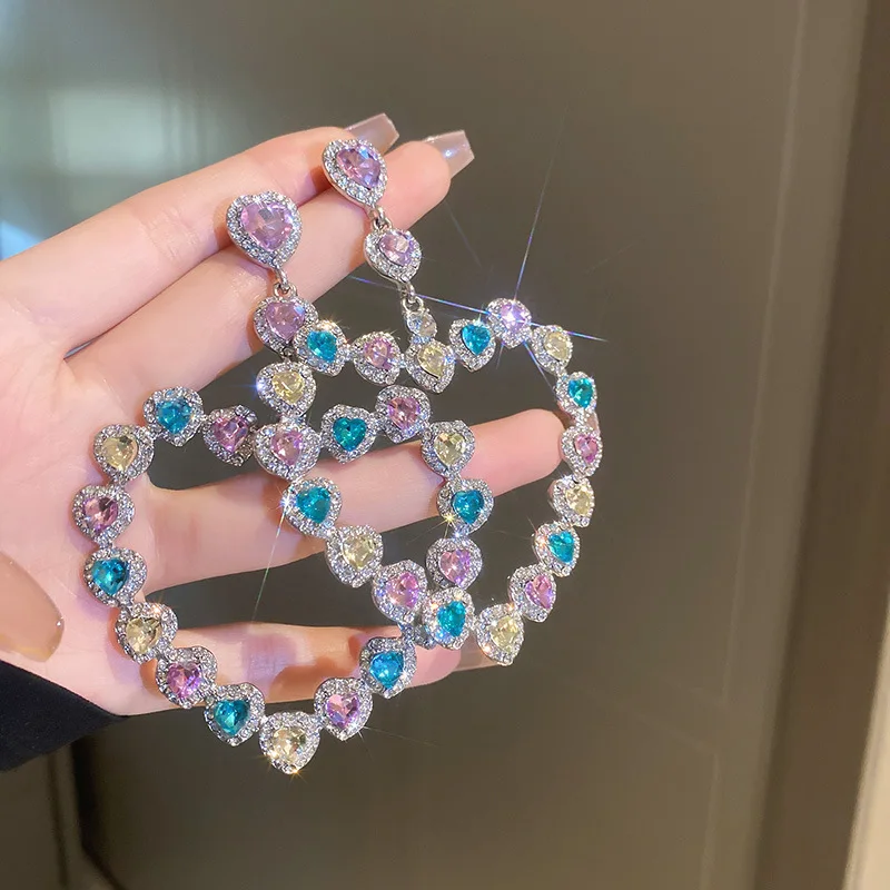 

Europe And The United States Exaggerate Hollow Out Set Auger Heart Earrings Punk Luxury Full Diamond Woman's Earrings Jewelry