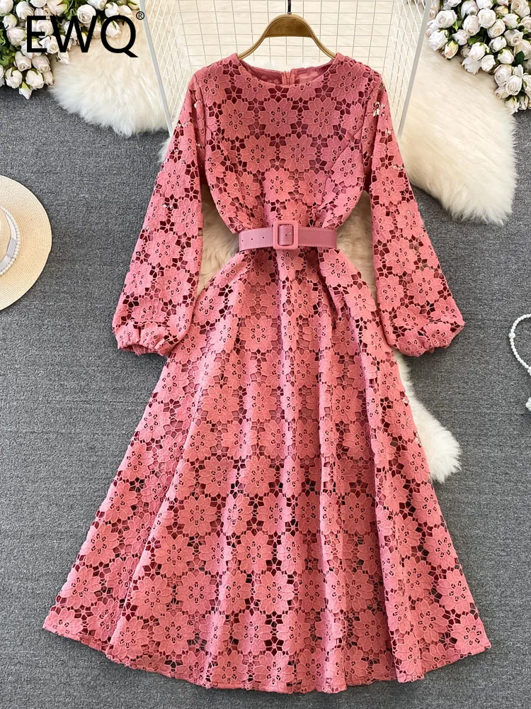 

Повседневное винтажное кружевное лоскутное платье EWQ с длинным рукавом и круглым вырезом однотонное платье с высокой талией Осень-зима 2023 Новинка 27SN4087