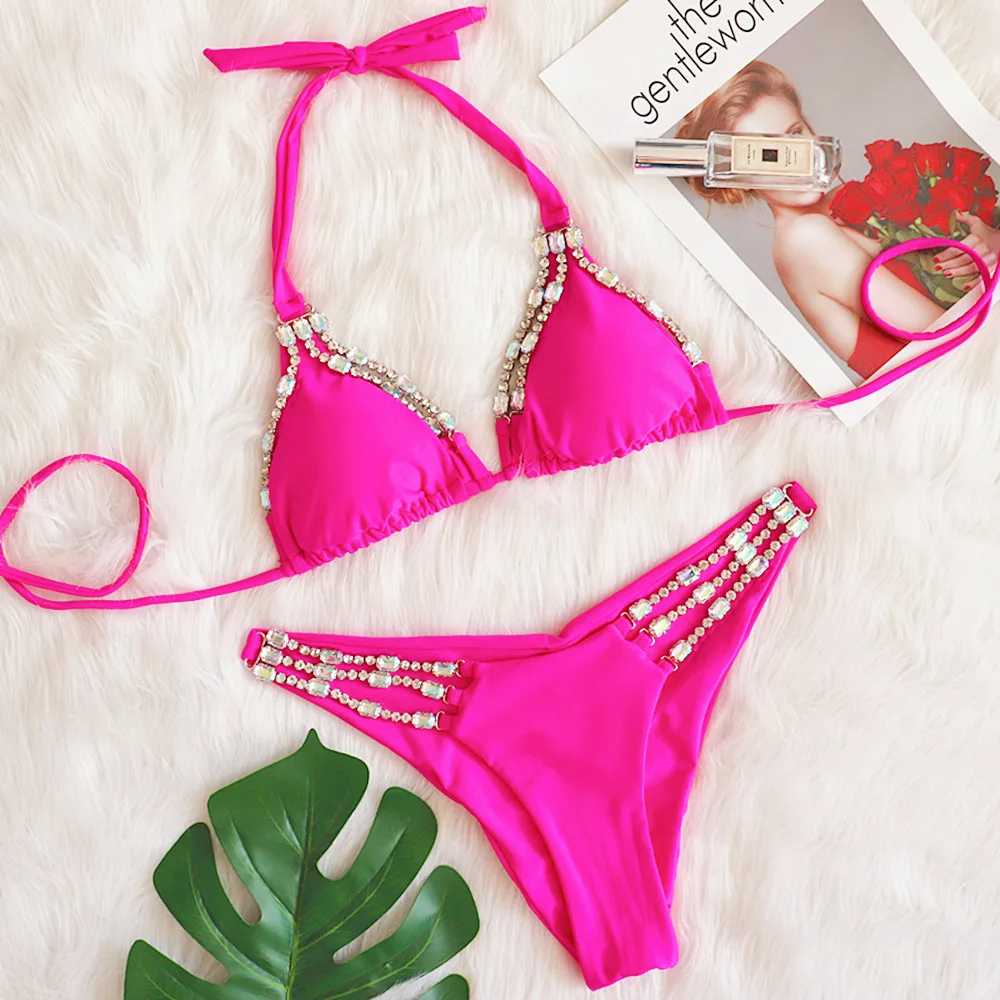 

Sexy Halter Hollow Out Crystal Diamond Bikini Set 2022 Summer Laides Swimsuit Women Swimwear Rhinestone Bikini Set Bathing Suit