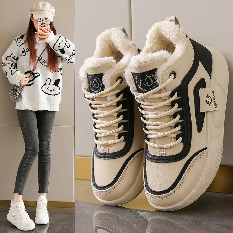 Thick-soled sports shoes for women 2024 new winter cashmere thickened non-slip large cotton cold and warm high-top snow boots