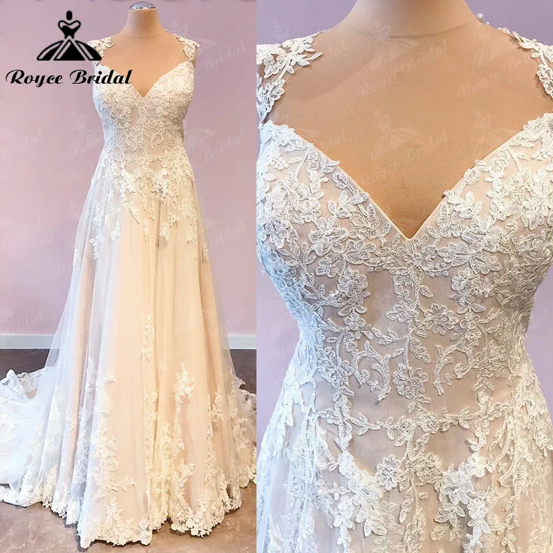 

Elegant A Line Blush Pink Beach Wedding Dress with Back Buttons Illusion V Neck Lace Appliques Cap Sleeve Bridal Gowns Princess