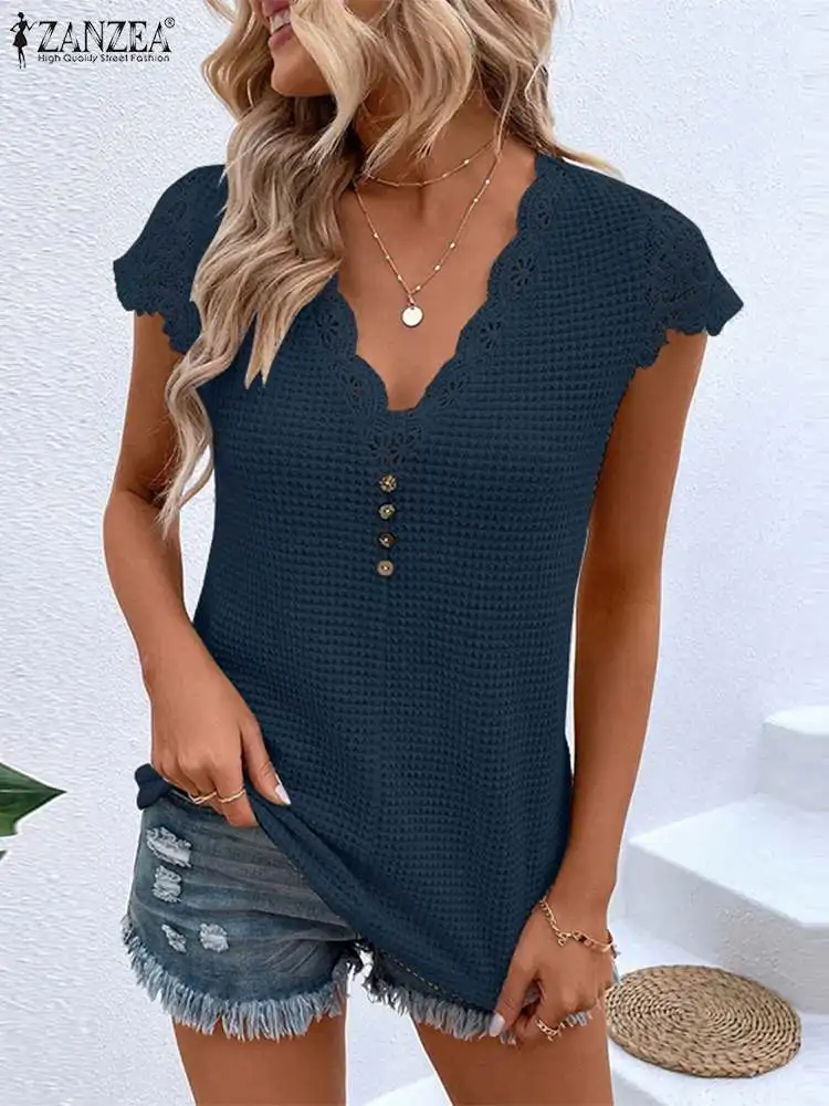 

Женская летняя блузка ZANZEA с V-образным вырезом и коротким рукавом