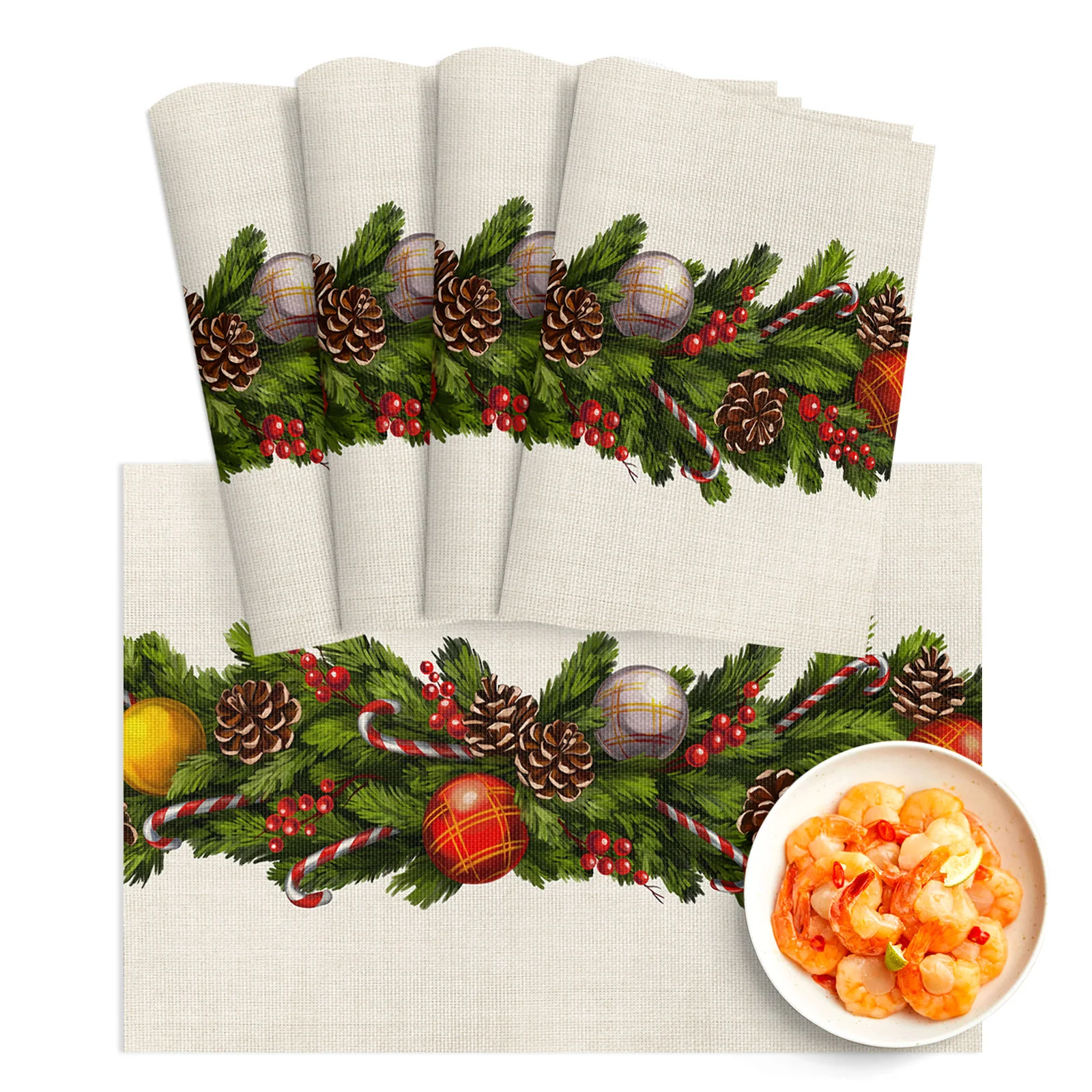 4/6pcs Placemat Christmas Ball Berries Pine Cones Restaurant Kitchen Accessories PVC Dining Table Mats Disc Bowl Coaster Pad