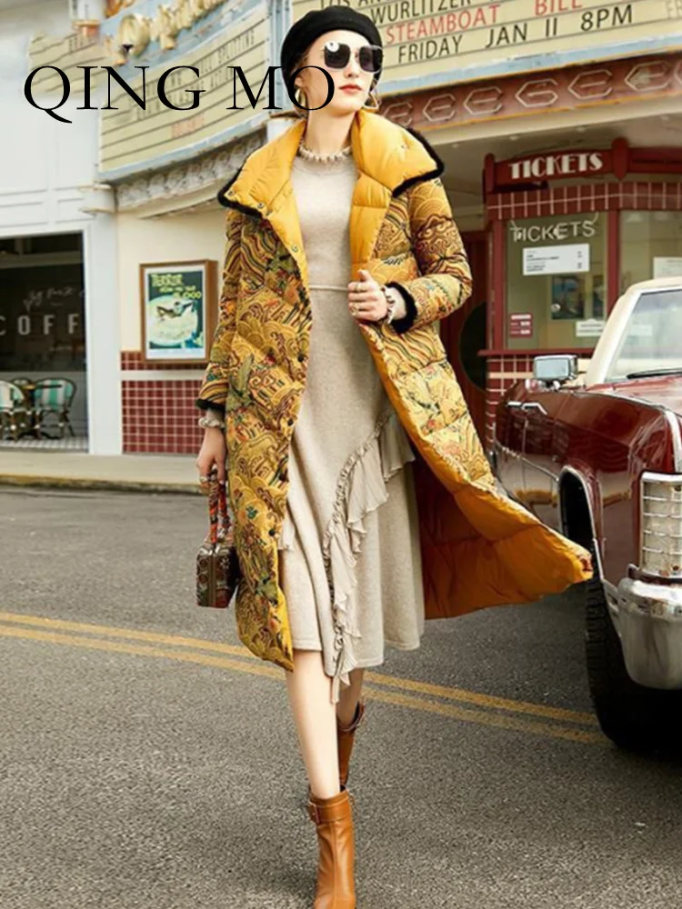 

QING MO 2023 Winter New Mink Woolen Cotton Coat Splice Long Chinese Style Women Parkas Female Streetwear ZXF303