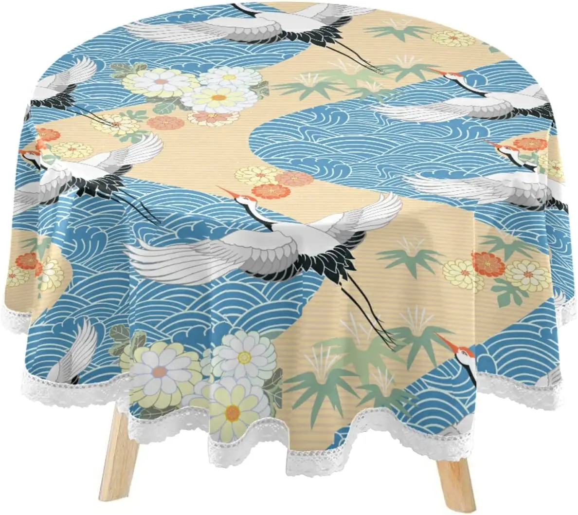 

Japanese Style White Crane Round Tablecloth 60" Oriental Blue Wave Circular Lace Table Cover Washable for Kitchen Dining Decor