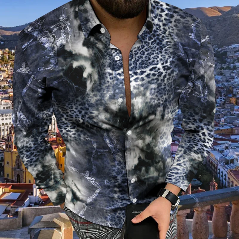 

2023 new men's spring and summer leopard print long-sleeved shirt high-quality polyester men's daily casual sports shirt
