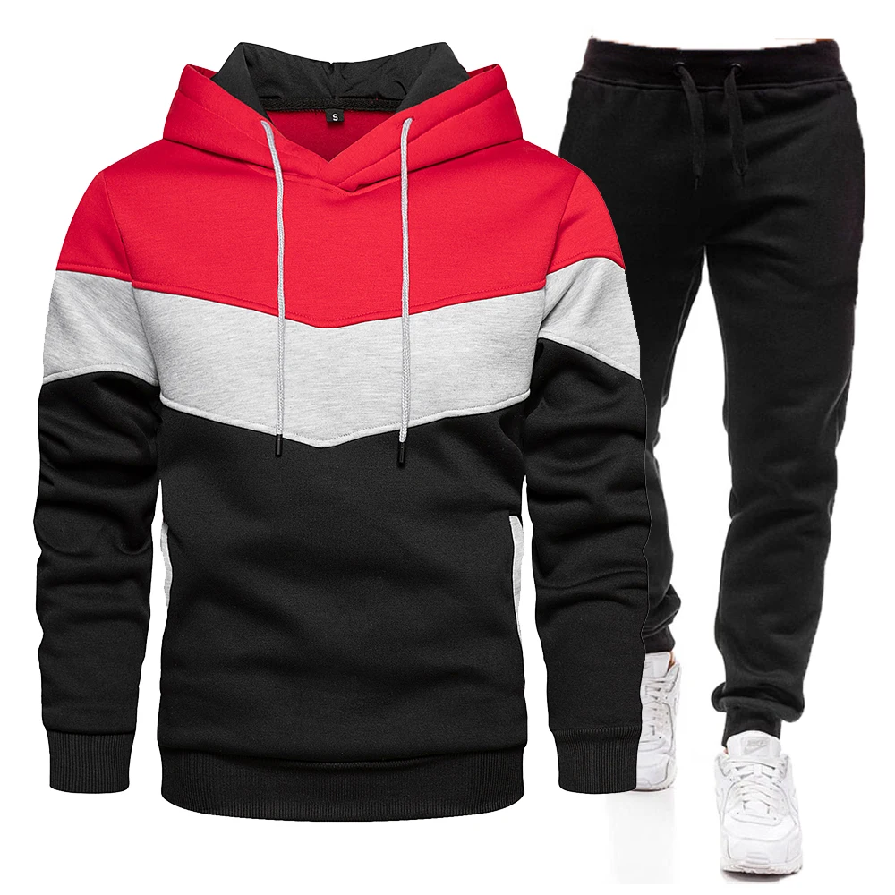 Autumn and winter men's suit casual loose color blocking warm Hoodie+jogging pants