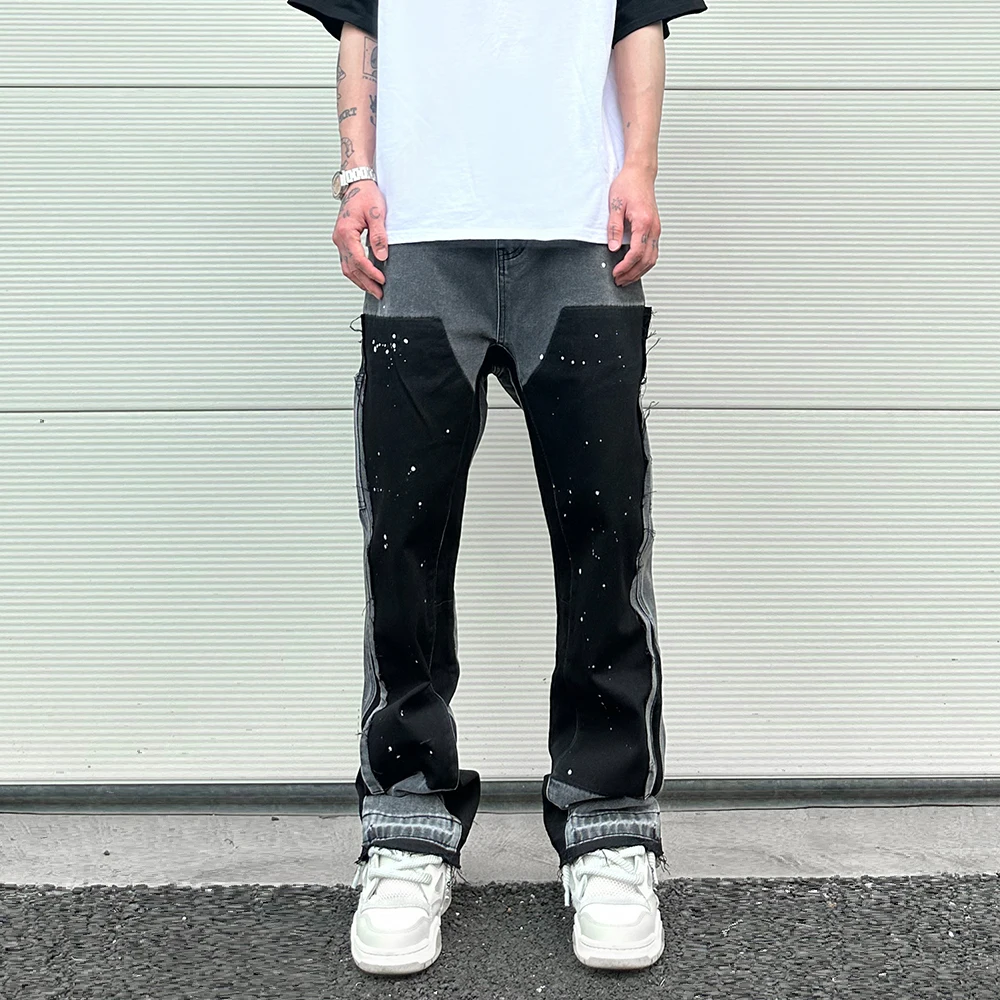 2023 Graffiti Black Flared Denim Pants with Patches Hip Hop 