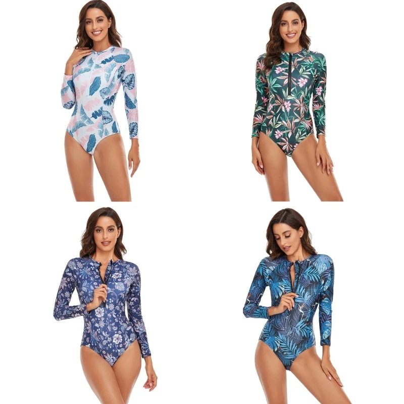 

Womens One Piece Swimsuit Long Sleeves Bathing Suit Floral Print Rash Guard Zipper Wetsuit Swimwear for Vacation Surfing