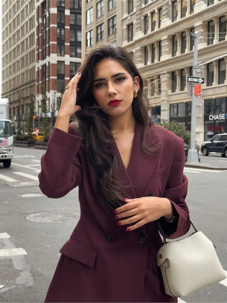 Винно-красный костюм пальто куртка с лацканами двубортные пуговицы модное