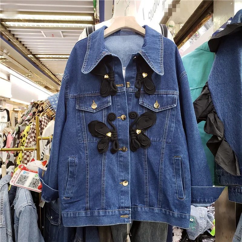 

Korean Casual Butterfly Decoration Women Denim Coat Dark Blue Light Blue Spring Lapel Single-breasted Long Sleeve Jeans Jackets