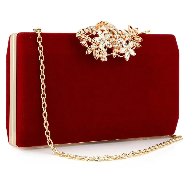 

European fashion Noble Lady Rhinestone Evening Clutch Tote Bag Burgundy Black Gold Solid Women Shoulder Chain Suede Surface