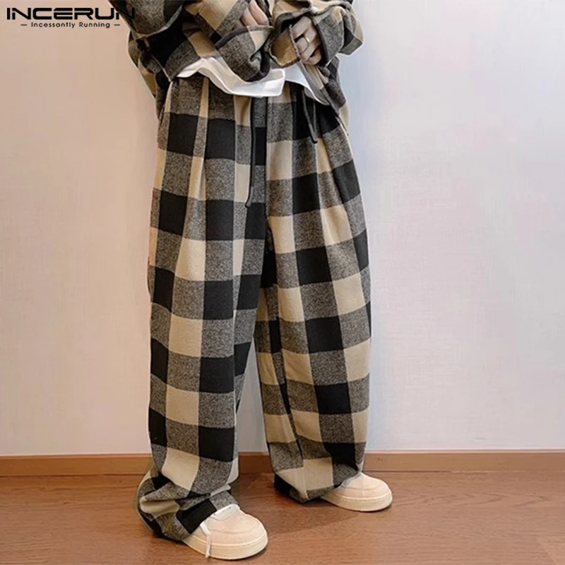 Брюки INCERUN мужские с поясом на резинке повседневные длинные брюки в клетку