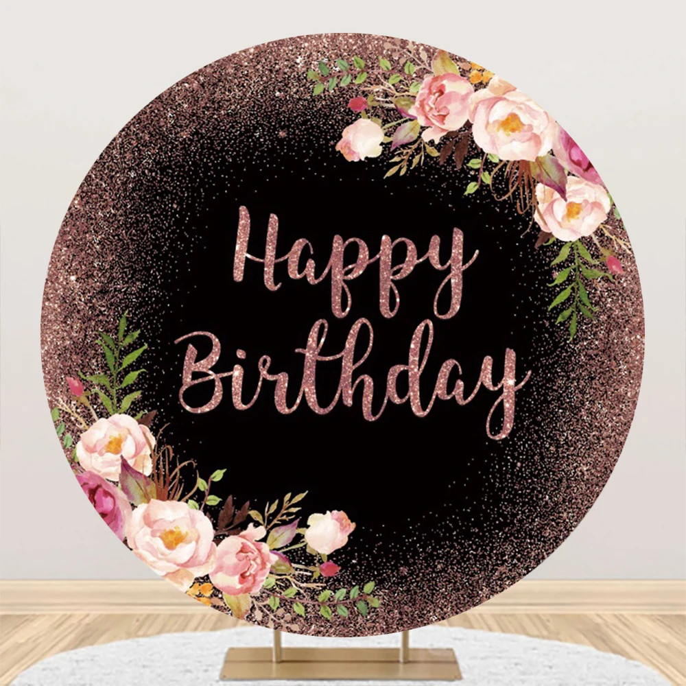 

Laeacco Rose Gold Watercolor Floral Glitter Happy Birthday Round Photography Background Girl Women Portrait Customized Backdrop