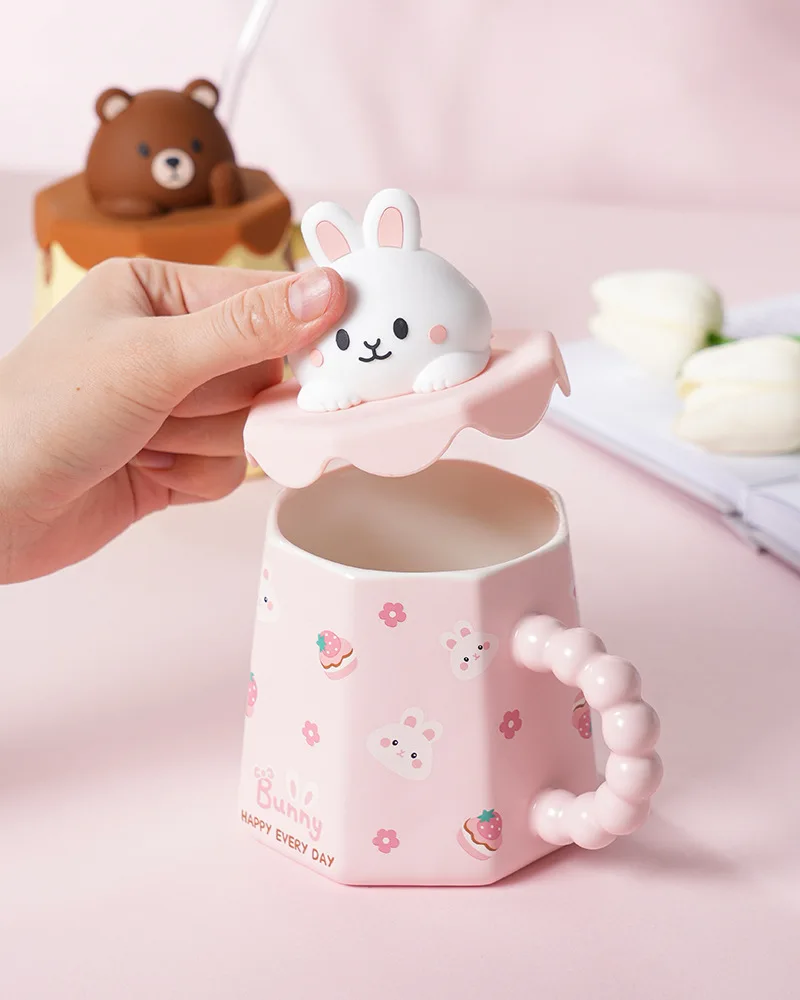 

Mug with lid cute cartoon ceramic mug girl high value 2022 new straw water cup coffee cup