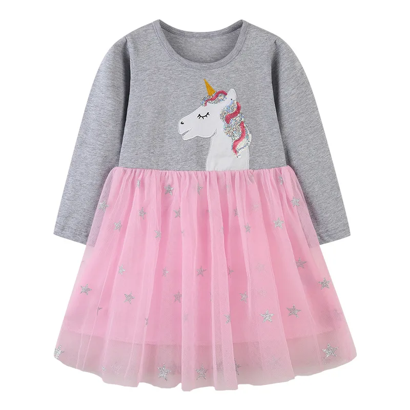 

Autumn Winter 2022 New Arrivals Girls Cute Cotton Long Sleeve O Neck Sequins Gray Night Party Dresses Vestidos 2-7T