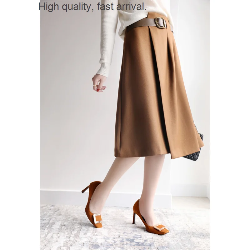 

Design Belt Simple Oblique Split Mid-Length A- line Wool Skirt for Women Autumn and Winter Workplace Commuter