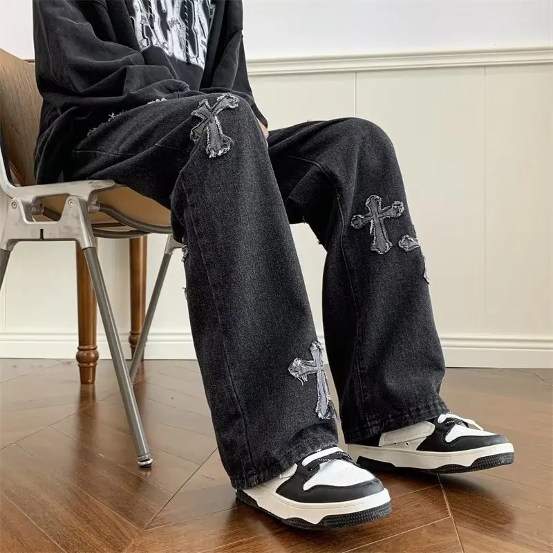 Men Streetwear Baggy Jeans Cross Hip Hop Mens Black Loose Pants Women Oversized Boyfriend Denim