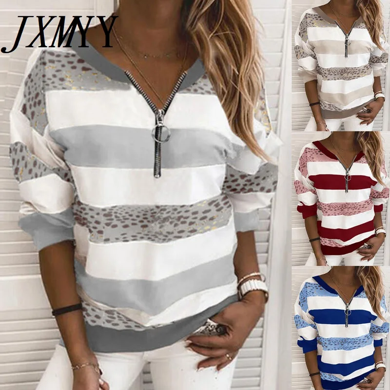 

JXMYY 2022 Hot Sale Autumn And Winter Fashion V-Neck College Style Casual Striped Print Pullover Loose Zipper Sweater