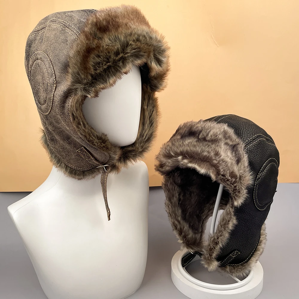

2023 Winter Ushanka Bomber Hat for Men Women Pilot Aviator Trapper Hats Faux Fur Soft Leather Earflap Russian Cap for Outdoor