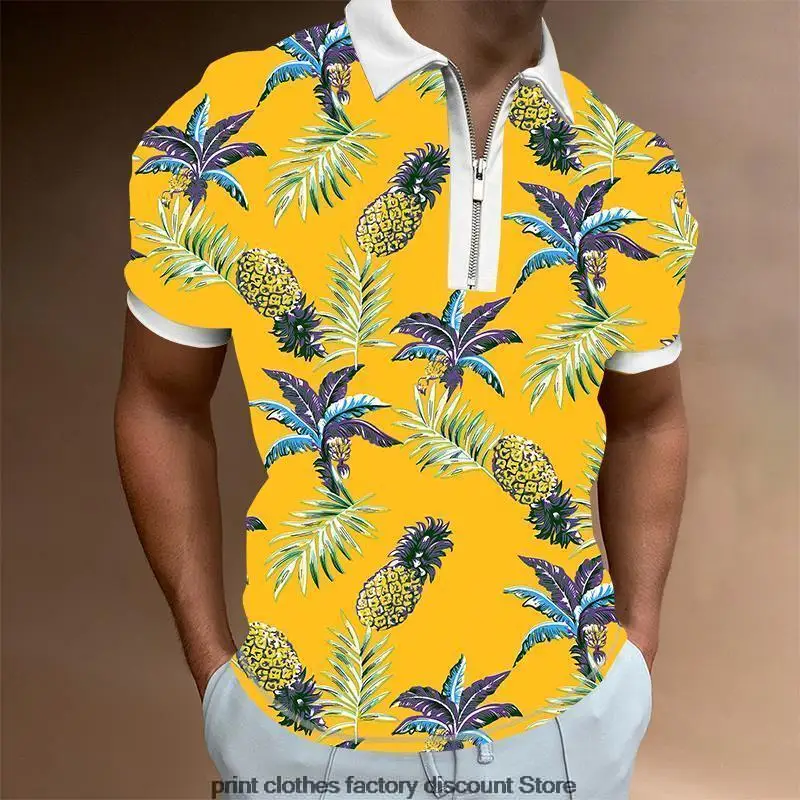 

Мужская пляжная гавайская рубашка-поло на молнии с отложным воротником, топы с фруктовым принтом и короткими рукавами, модная летняя одежда...