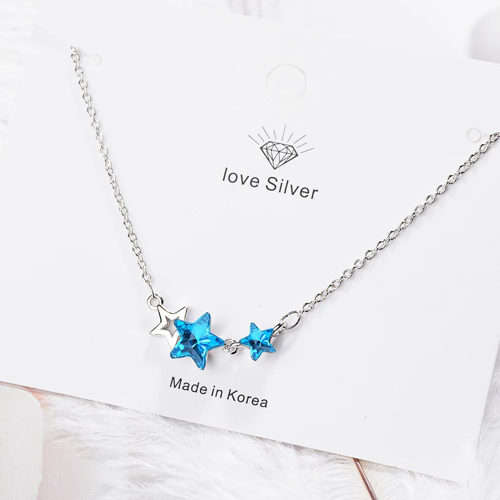 

925 Sterling Silver Blue Star Crystal Necklaces For Women Female Luxury Quality Jewelry Wholesale Free Shipping Offers Jewellery